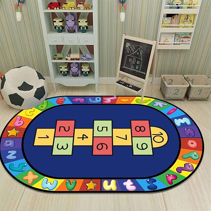 Hopscotch Rug, 4x5ft, Kids Play Oval Rug for Boys & Girls, Colorful Alphabets Educational Game Carpet, Soft Non-Slip Machine Washable Rug for Classroom Toddler Room