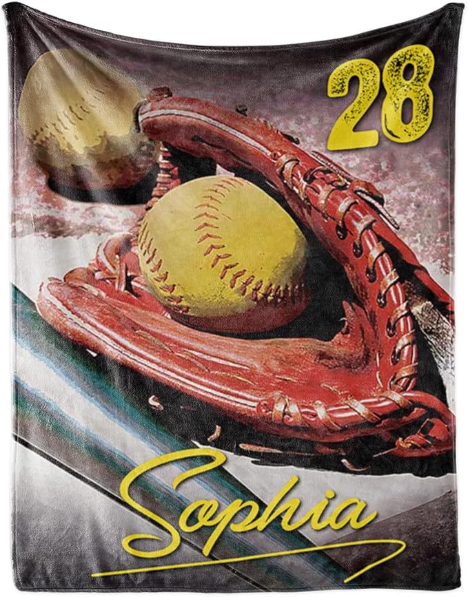 Baby Kids Personalized Baseball Blanket - Custom Name and Number - Soft Warm and Fluffy Flannel Fabric Gift for Sports Lovers 60x80inch