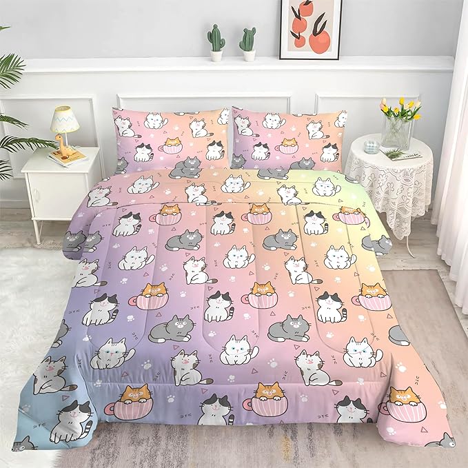 Girls Cat Comforter Set: Twin Size Cute Cats Bedding Set Cartoon Pet Kitten Rainbow Quilt for Kids Teens Boys Kawaii Gray White Kitty Bed Sets 1 Comforter & 1 Pillowcase