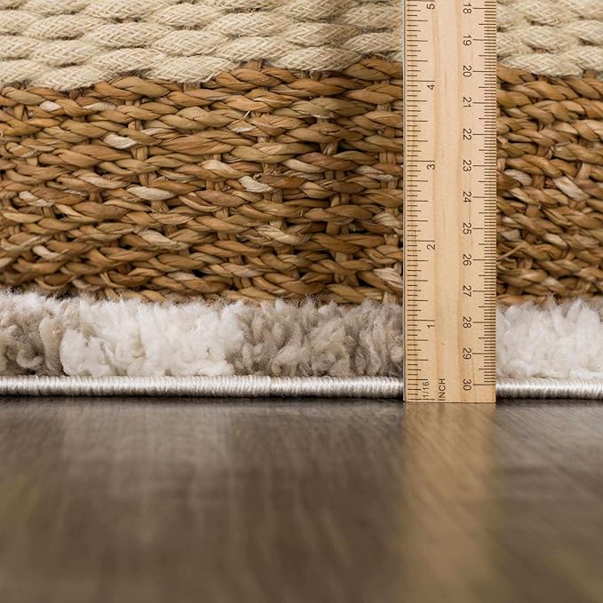 Hauteloom Kieu Contemporary Checkered Fluffy Shag Area Rug - Modern Geometric Soft Carpet Tiles for Living Room, Kids Room, Nursery - Gray, Taupe, White - 6'7" x 9'
