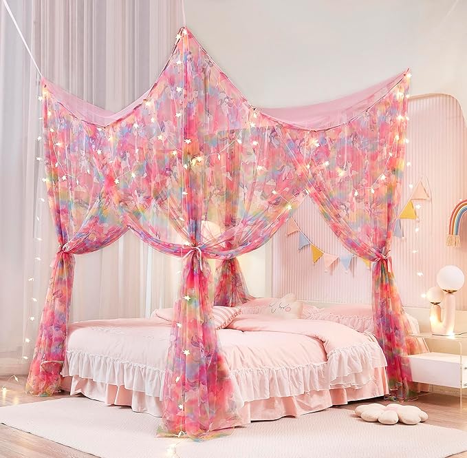 Mengersi Unicorn Bed Canopy for Girls Canopy Bed Curtains with Lights-Canopy for Bed - Bed Netting Canopy for Girls Room Decor,Full Size