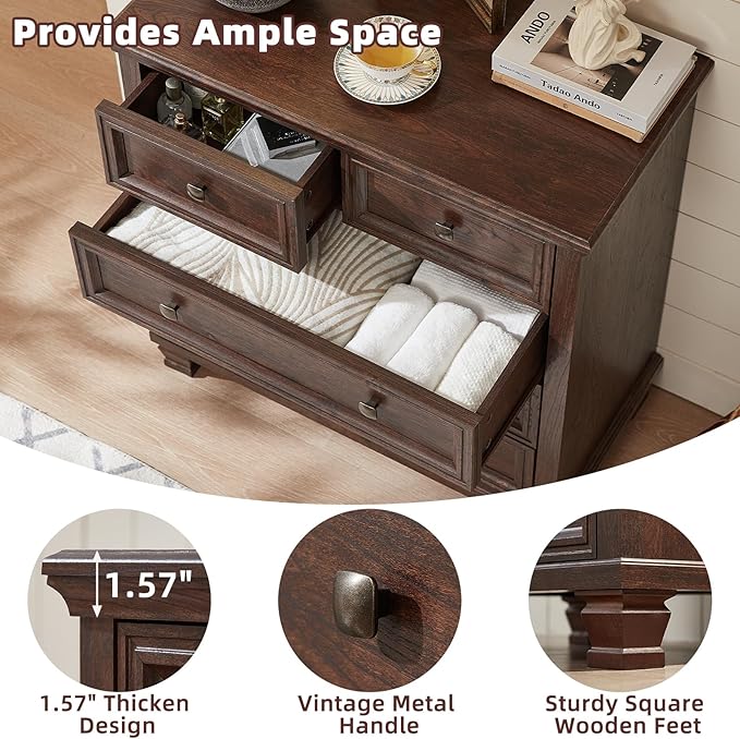 Farmhouse Bedroom Dresser and Nightstand Set of 4, 6 Drawer Low & 5 Drawers Dresser & 2 Drawer Nightstand Set, Rustic Wood Furniture Set for Bedroom, Hallway, Walnut