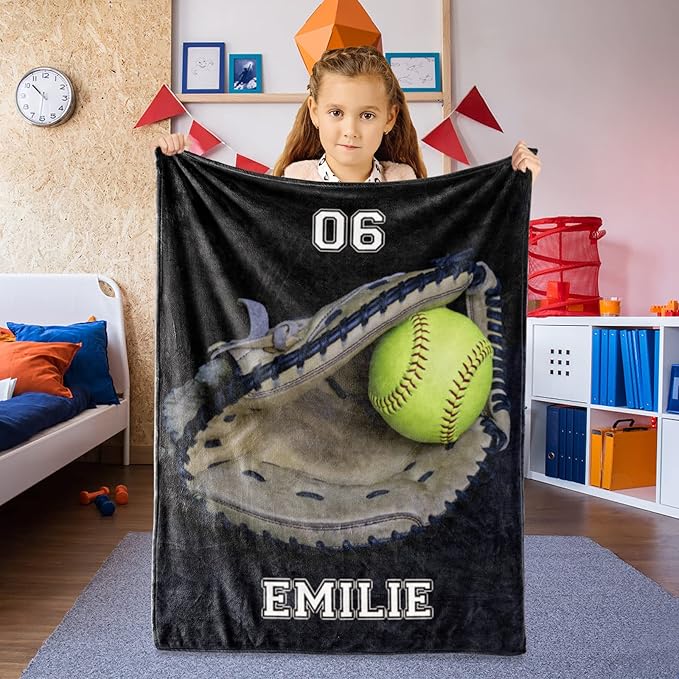 Personalized Baseball Blanket for Baby Kids - Custom Name and Number - Soft Warm and Fluffy Flannel Fabric Gift for Sports Lovers 40x50inch