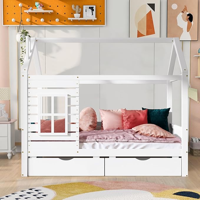 Twin Size Kids House Bed with 2 Storage Drawers, Twin House Bed Frame with Roof and Window, Twin Bed Frames for Kids with Slats, Modern Wooden Montessori Bed for Bedroom, White
