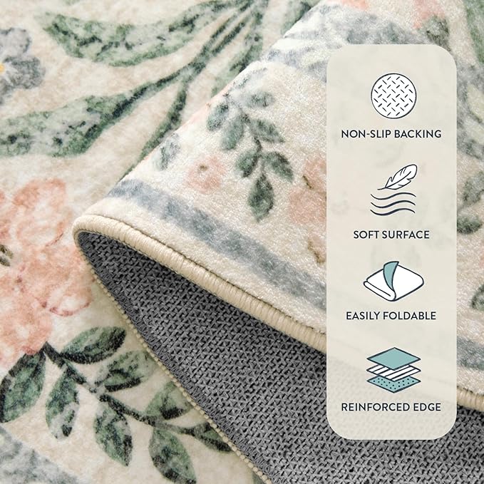 Lahome Boho Rugs for Living Room, Washable Large 8 x 10 Area Rugs for Bedroom Non Slip, Soft Ultra-Thin Distressed Floral Throw Carpet for Office Dining Room, Cream/Multi