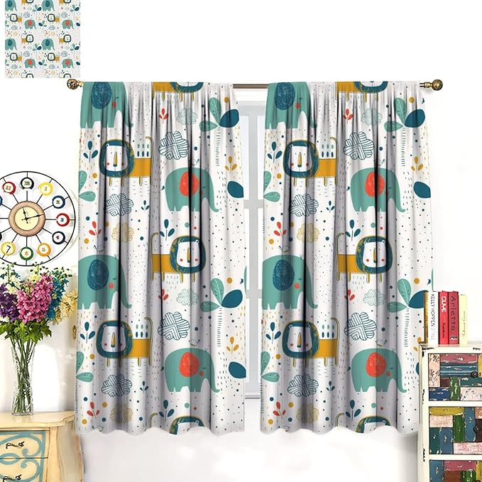 Cute Lions Blackout Curtains for Kids Bedroom,Cartoon Tropical Plants Birds Elephants Print Pattern Window Drapes,Funny Animal Thermal Insulation Curtain for Nursery Baby Room 42x54 Inch