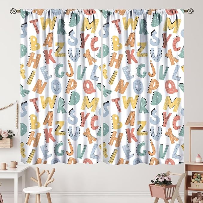 Kids Alphabet Letter Curtains Cute Funny Education Printed Curtain with Rod Pocket for Bedroom Living Room Home Decor Drapes Window Treatments 2 Panels Set 55" W X 63" L