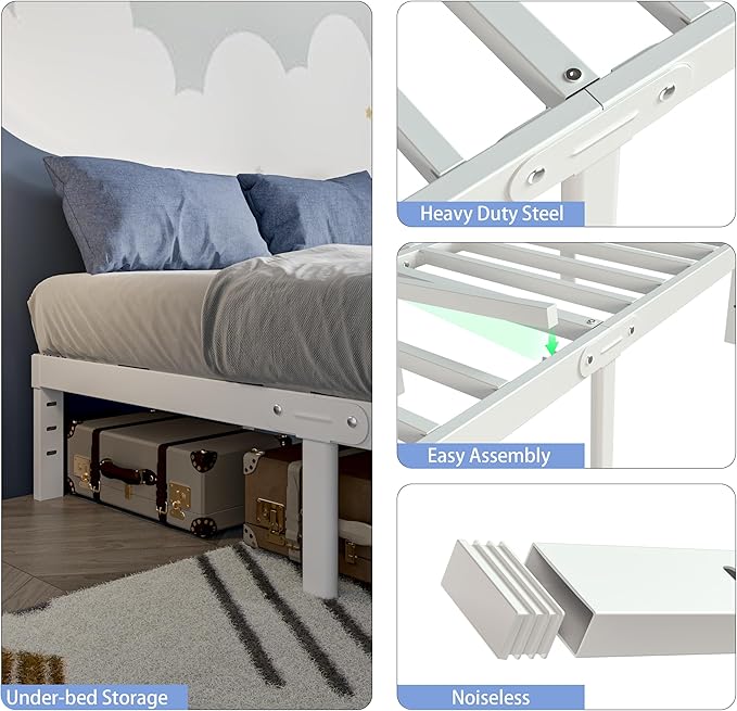 White King Size Bed Frame 12 Inch, Metal Camas King Bed Frame No Box Spring Needed, Heavy Duty Steel Support 3500 LBS, DIY Headboard, Noiseless, Round Corner Legs, Storage Space, Easy Assembly