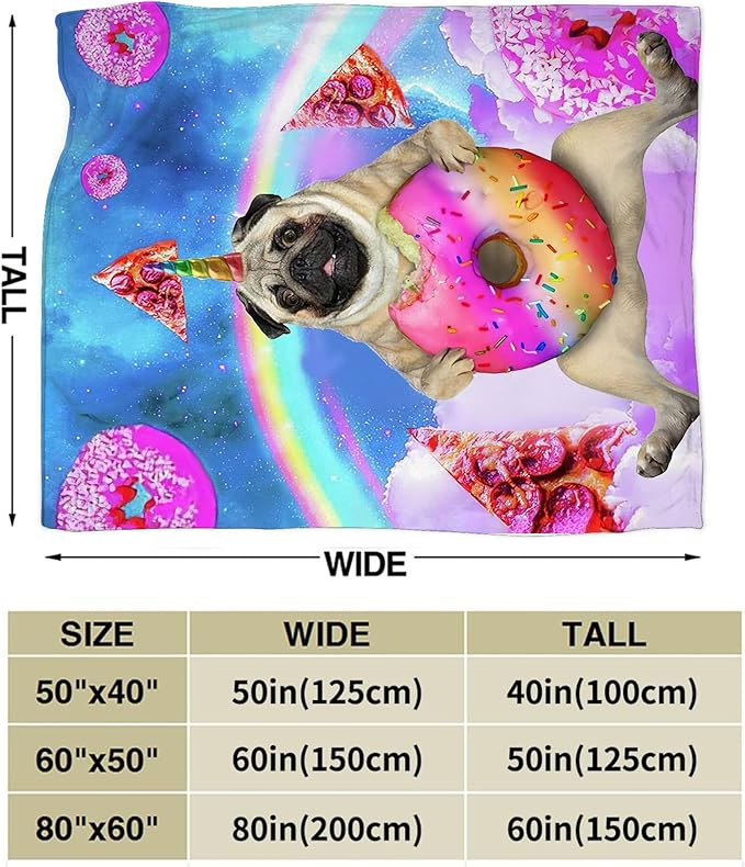 Pug Blanket Funny Pug Gifts for Girls Boys Woman Kids Doughnut Pizza Lover Dog Throw Blankets Soft Blanket Warm Fleece Flannel Plush Blankets for Bed Sofa Couch 50"x60"