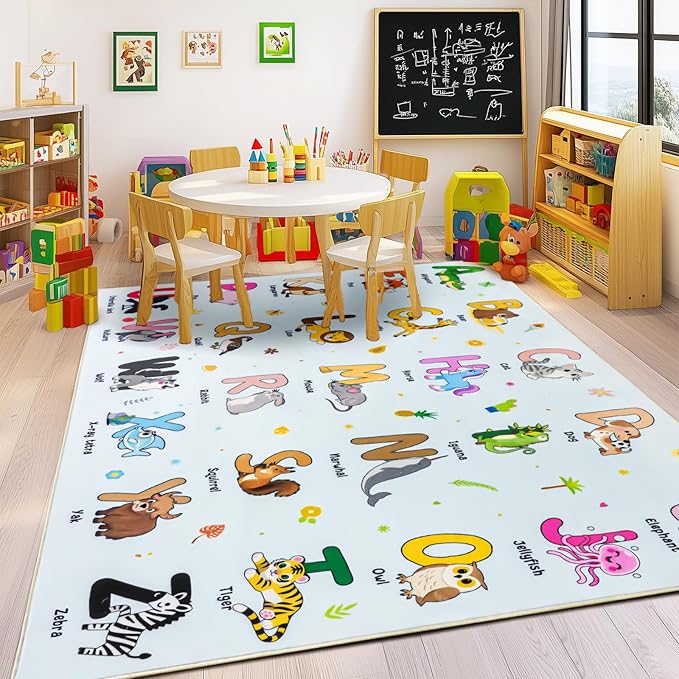 Kids Rugs for Playroom, 8x10 Ft Educational Rug for Learn The ABC Alphabet, Soft Machine Washable Non-Slip Cute Cartoon Animals Carpet for Classroom Toddler Nursery Kids Room Decor, Blue