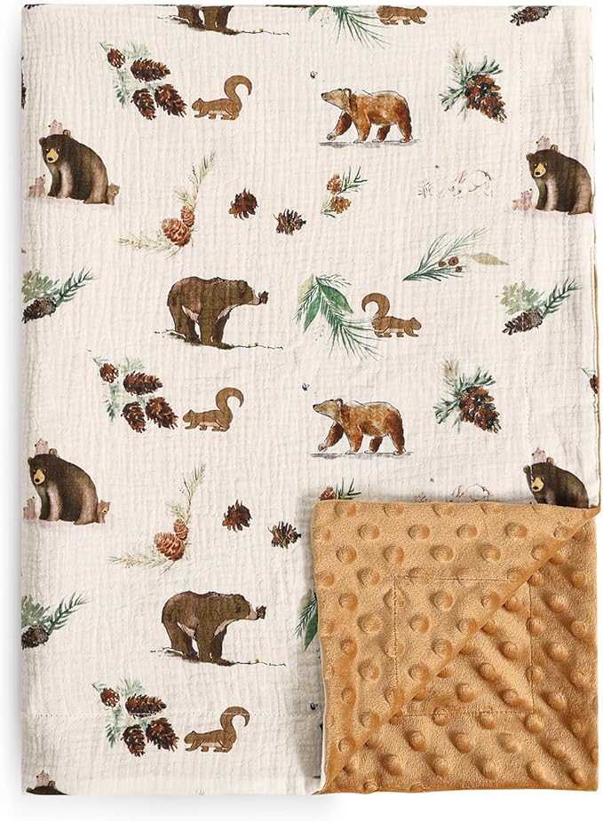 david's kids Muslin Minky Baby Blanket for Boys with Muslin Cotton Front and Dotted Fleece Backing, Breathable and Soft Lightweight Receiving Blanket for Newborns, 30x40 Inches, Woodland Animals