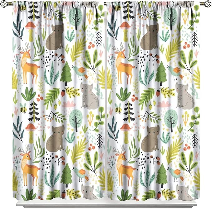 Cartoon Forest Kids Blackout Curtains,Cute Woodland Wild Animals Colorful Deer Plants Trees Print Pattern Thermal Insulation Window Drapes for Nursery Boys Girls Bedroom,White Background 42x54 Inch