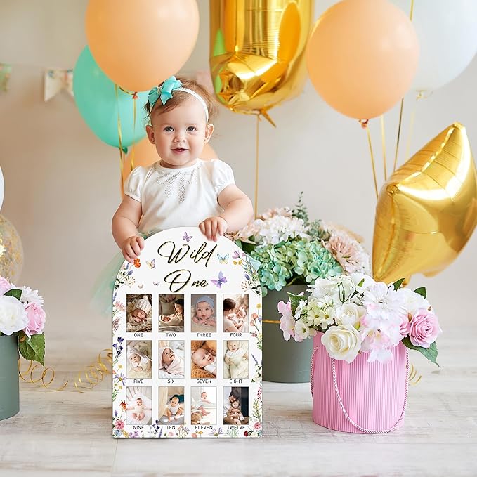 Wild One My First Year Photo Board, Wildflower Baby Milestone Signs for Boys Girls Nursery Decor, 12 Month Wooden Picture Board for 2x3 Photos, Best Babies Keepsake Gifts-A19