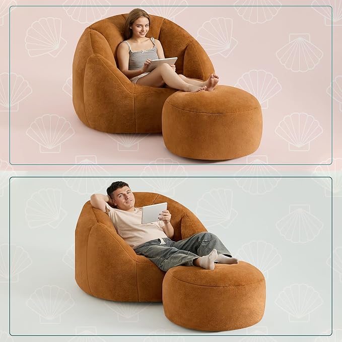 Giant Bean Bag Swivel Chair for Adults with Ottoman - Comfy Plush Round Shell Soft Accent Chaise Lounge Indoor Chair, Oversized Cozy Floor Sofa for Living Room Game Rooms, Orange