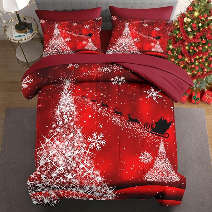 5 Pcs Twin Size Christmas Comforter Set with Pillowcase & Sham, Glitter Pine Tree Bedding for Kids and Adults, Winter Elegant Snowflake Bed in a Bag with Flat Fitted Sheet
