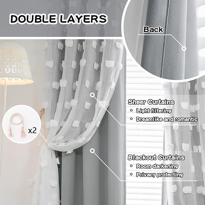 MYSKY HOME Grey Curtains for Bedroom - 54 Inch Long, Double Layer, White Pom Pom, Sheer, Grommet, Darkening, Small Window, 2 Panels, 52 x 54 in