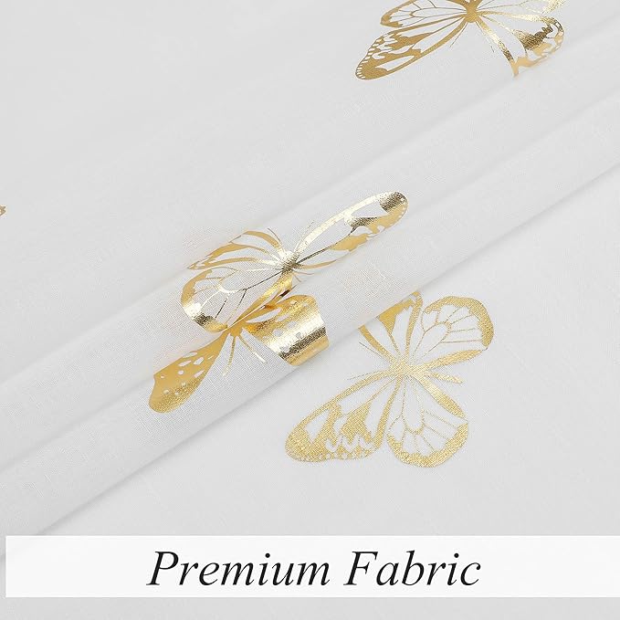 Jubilantex Butterfly White Sheer Curtain Panels for Kids Nursery Girl, Gold Print Toddler Linen Textured Voile Rustic Rod Pocket Drapes 84 Inch for Farmhouse, Living Room, Bedroom, 2 Panels