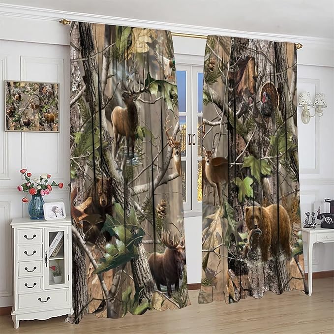 Retro Forest Window Curtains, Camouflage Hunting Tree Camo Rustic Deer Elk Bird Bear Blackout Rod Pocket Windows Door Curtain for Bedroom Living Room Home Decor 63x63in