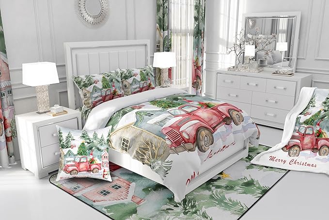 Red Old Truck Comforter Set King Size,Christmas Tree Gnome Duvet Insert for Kids Boys Girls Room Decor,Snowman Winter Rustic Style Bedding Set 3Pcs,Merry Christmas Retro Quilt Set,2 Pillowcases