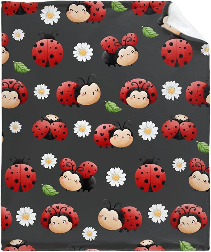 Thuswarm Cute Watercolor Ladybugs Grey Flannel Throw Blanket Warm Cozy Soft Funny Print Blankets for Bed Couch Sofa Room Decoration Gifts 40”×30” XSmall for Pets