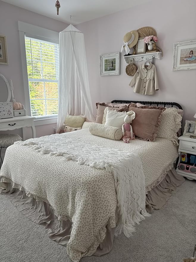BuLuTu Muslin Duvet Cover for Queen Size Bed, Vintage Farmhouse Bedding Camellia Floral Quilt Cover with Ruffles, Soft Cotton Comforter Cover 90"x90", Zipper & Corner Ties, No Pillow