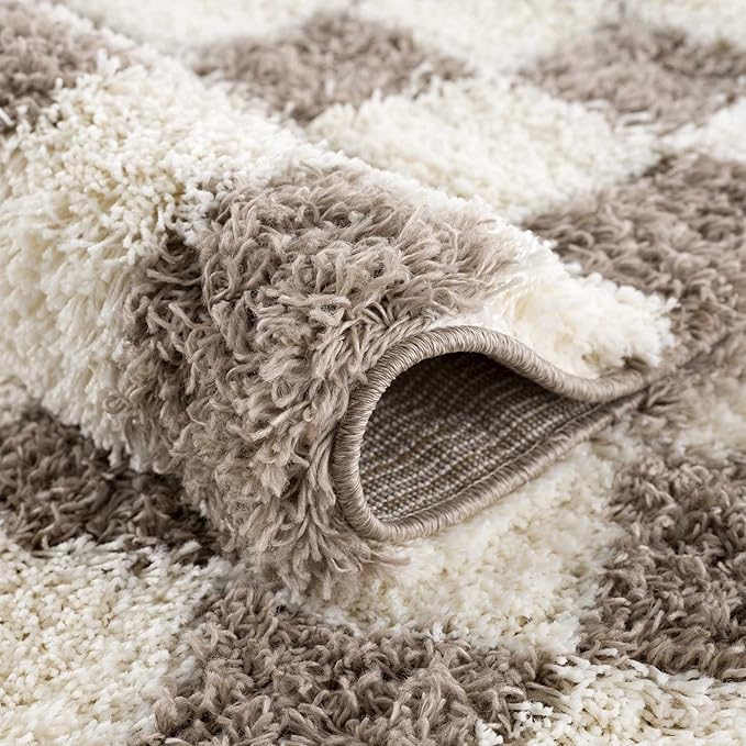 Hauteloom Atira Contemporary Checkered Fluffy Shag Area Rug - Modern Geometric Carpet Tiles for Living Room, Kids Room, Nursery - Plush Pile - Cream, Brown - 8'10" x 12'