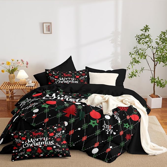 Christmas Duvet Cover Twin Size Black Christmas Tree Bedding Set 2 Pieces Kids Boys Girls Happy Holiday Xmas Comforter Cover with Zipper Closure and 1 Pillowcase (No Comforter)