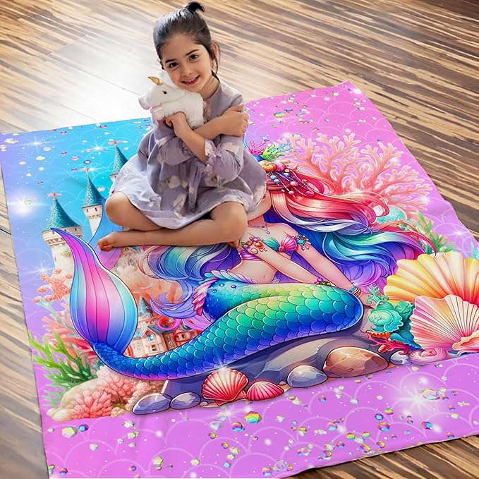 Girls Mermaid Blanket, Throw for Toddlers Kids Mermaid Lovers 30x40 Inches Lightweight Soft Cute Throw Blankets for Sofa Couch Bed Trip