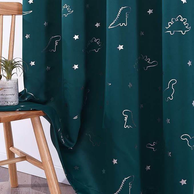LORDTEX Dinosaur and Star Foil Print Blackout Curtains for Kids Room - Thermal Insulated Curtains Noise Reducing Window Drapes for Boys and Girls Bedroom, 52 x 63 Inch, Sapphire, Set of 2 Panels