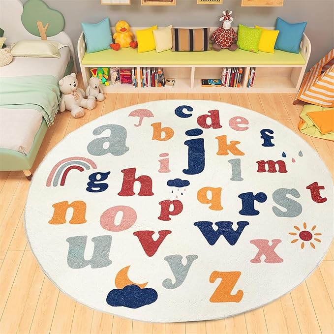ABC Round Rug,3.3ft,Children's Educational Learning Area Rug, Colorful Alphabet Kindergarten Area Rug, Soft Fluffy Faux Cashmere Baby Crawling Mat for Living Room, Bedroom, Children's Room