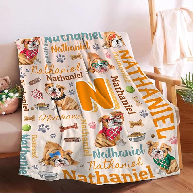 Personalized Custom Bulldog Blanket Gifts for Kids Boys Girls with Name - Customized Bulldog Super Soft Lightweight Flannel Sheets Decor for Crib Nap Couch - 50"x60" for Teens