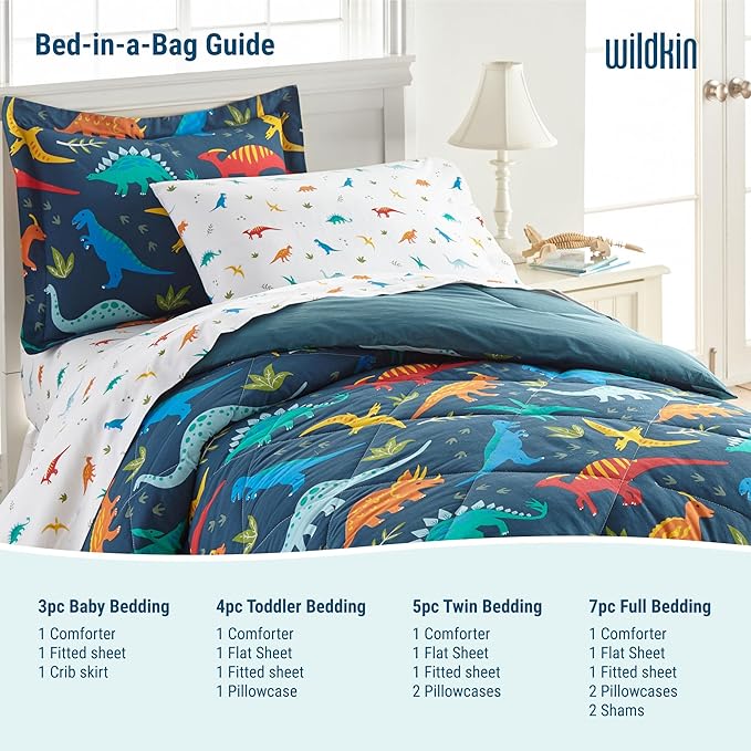 Wildkin 5-Piece Twin Bedding Set – 100% Cotton Comforter, Sheets & Pillowcase for Cozy Cuddles - Dinosaur Land