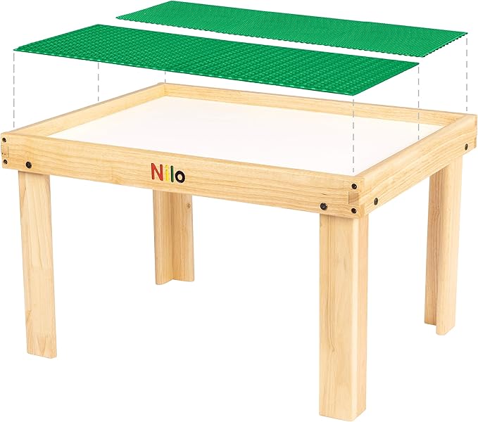 NILO Kids Play Table Set with 2 Compatible Lego Duplo Detachable Two-Sided Baseplates/Boards/Mats (N34 Activity Table Without Holes, 24x32x20 and 2X Green Base Plates 12x32)