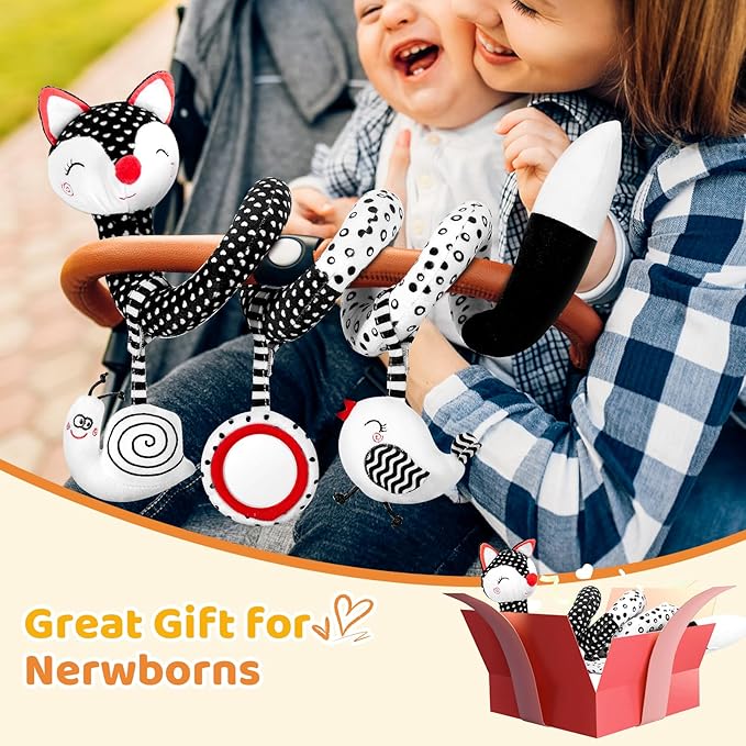FATI Car Seat Toys for Babies, Hanging Toys for Newborns, Black and White High Contrast Toy for Baby, Spiral Stroller Toys for 0-12 Months Baby - Ideal Gift