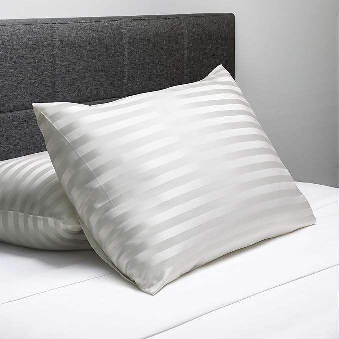 Fishers Finery 25mm 100% Pure Mulberry Silk Pillowcase Set (White Stripe King 2 Pack)