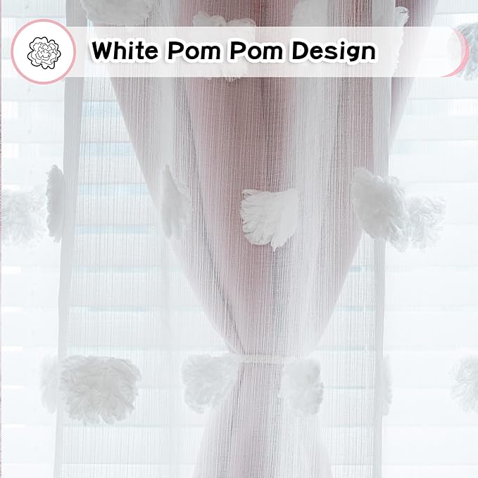MYSKY HOME Light Blocking Pink Curtains for Living Room White Sheer Pom Pom Kids Room Decor Drapes 102 Inches Long Double Layer Curtain for Sliding Door Grommet Window Panels Set of 2 52" x 102"