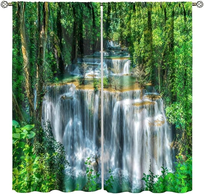 Scenic Nature Blackout Curtains, Natural Falls Landscape Forest Tree Waterfall Scenery Window Drapes, for Bedroom Living Room 63" W X 63" L