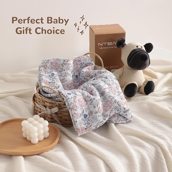 NTBAY 4 Layer Muslin Cotton Toddler Blanket, 30x40 Soft and Breathable Receiving for Newborns and Infants, Perfect for Crib, Stroller, Travel, Lightweight Nursery Blanket, Vintage Floral