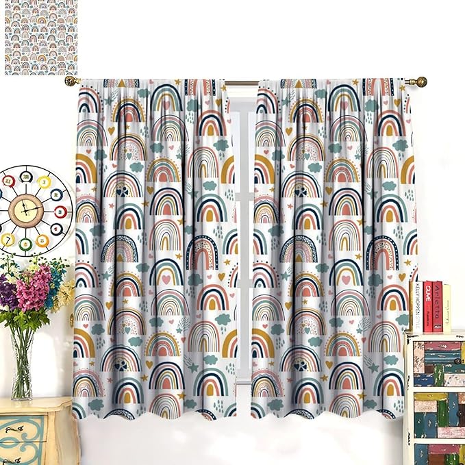 Kids Rainbow Curtains Boho Cartoon Colorful Stars Love Heart Lovely Abstract Art Pattern Print Window Drapes for Girl Bedroom Living Room Kitchen Decor,2 Panel Set,42Wx63H Inch Blackout
