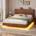 Evermagin Walnut Queen Floating Bed Frame with Headboard, Mid Century Modern Fluted Platform Bed with LED Lights, Heavy Duty Floating Bedframe with Charging Station, No Box Spring Needed