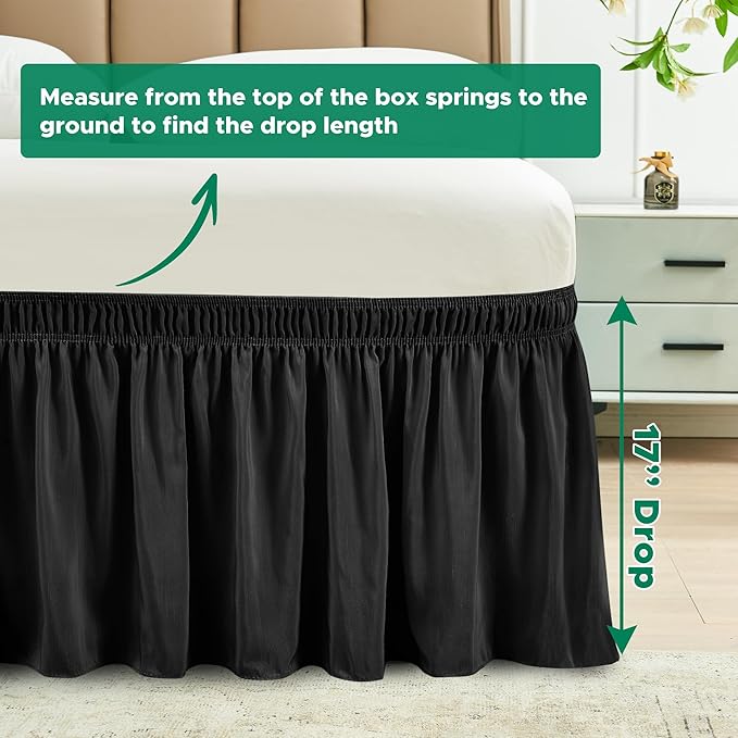 Biscaynebay Wrap Around Bed Skirts for Full & Full XL Beds 17" Long Drop, Black Adjustable Elastic Dust Ruffles Easy Fit Wrinkle & Fade Resistant Silky Luxurious Fabric Solid Machine Washable