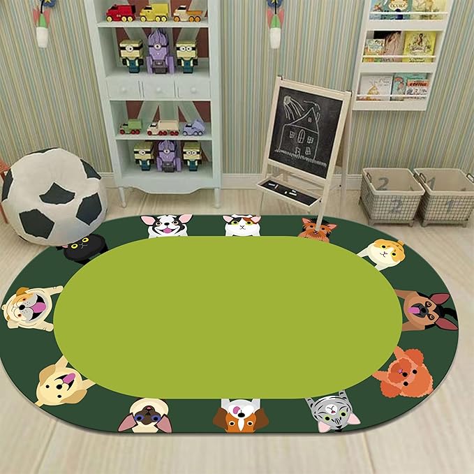 Children's Area Rugs, 3x4ft, Cat and Dog Pet Print Kids Oval Rugs, Children's Educational Learning Animal Play Mat for School Classroom, Non-Slip Washable Green Carpet for Nursery Bedroom