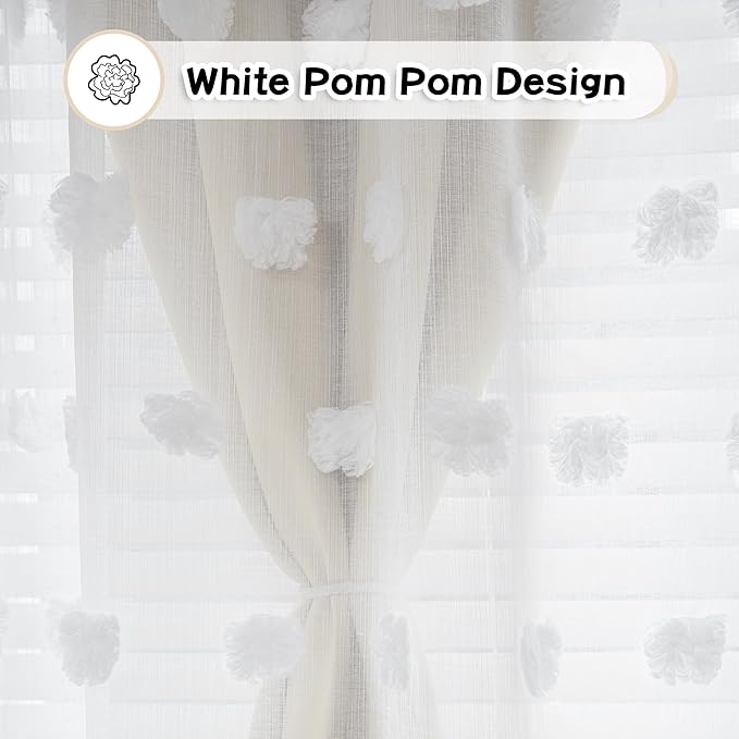MYSKY HOME Beige Curtains for Living Room 95 Inches Long Nursery Curtains for Bedroom Double Layer Curtains White Pom Pom Sheer Curtains for Dining Room Grommet Room Darkening Window Panels W52 X L95