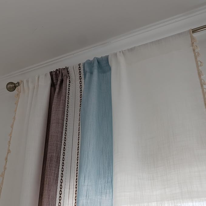Deeprove Boho Linen Curtains 96 inch Length for Home Office Laundry Room, Contemporary Mid-Century Modern Tassels Window Treatment Bohemian Embroidery Drape 1 Panel 52" W x 96" L, Blue and Brown