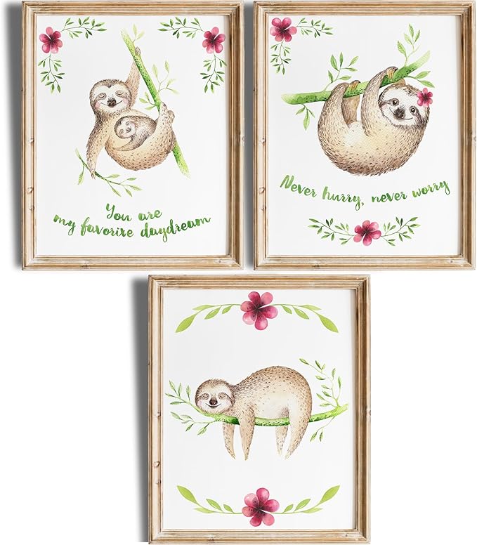 Sloth Wall Decor (Set of 3) Art Print - 8x10 (Unframed) | Bring a Touch of Serenity and Playfulness to Your Home Decor | Room Decor | Home Décor | Living Room Wall Decor | Office Wall Decor