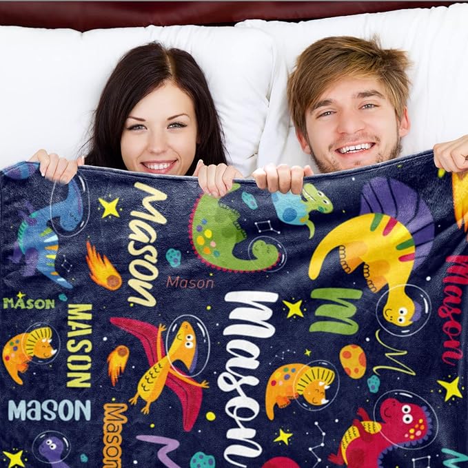 Personalized Dinosaur Blanket for Boys, Custom Name Blanket for Kids Dino Outspace, Soft Flannel Dinosaur Toddler Blanket Customized Gift for Birthday Christmas Baby Shower, Newborn Gift 30" X 40"