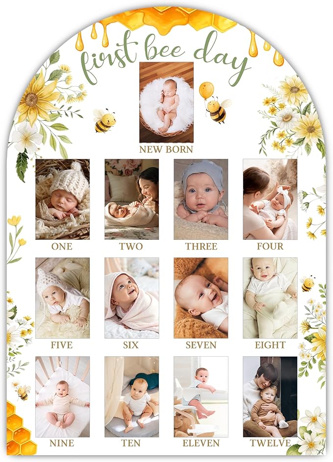 First Bee Day My First Year Photo Board, Bee Baby Milestone Signs for Boys Girls Nursery Decor, 12 Month Wooden Picture Board for 2x3 Photos, Best Babies Keepsake Gifts-A18