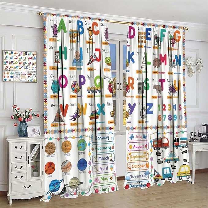 Alphabet Curtain for Kids Room ABC Letter Educational Learning Animal Number Printed Rod Pocket Blackout Window Drapes for Bedroom Playroom Classroom 63" W X 63" L