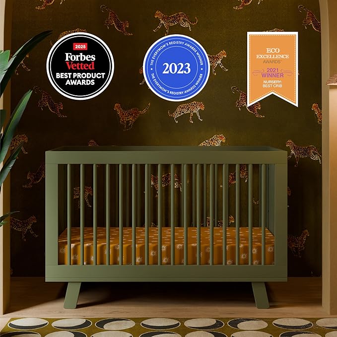babyletto Hudson 3-in-1 Baby Crib Convertible to Toddler Bed & Daybed - GREENGUARD Gold Certified - 4 Adjustable Heights - Made of 100% Solid Wood - Includes Toddler Conversion Kit - Olive Green
