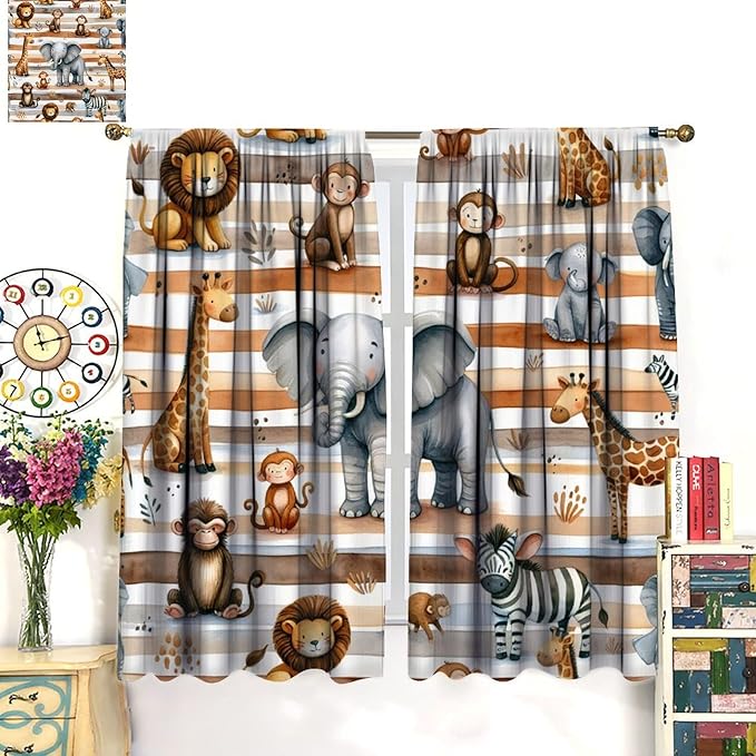 Kids Animal Curtains Elephants Giraffes Monkeys Lions Zebras Window Treatment for Kids Boys Girls Nursery Baby Bedroom Playroom Home Decor Window Drapes 42" W X 45" L